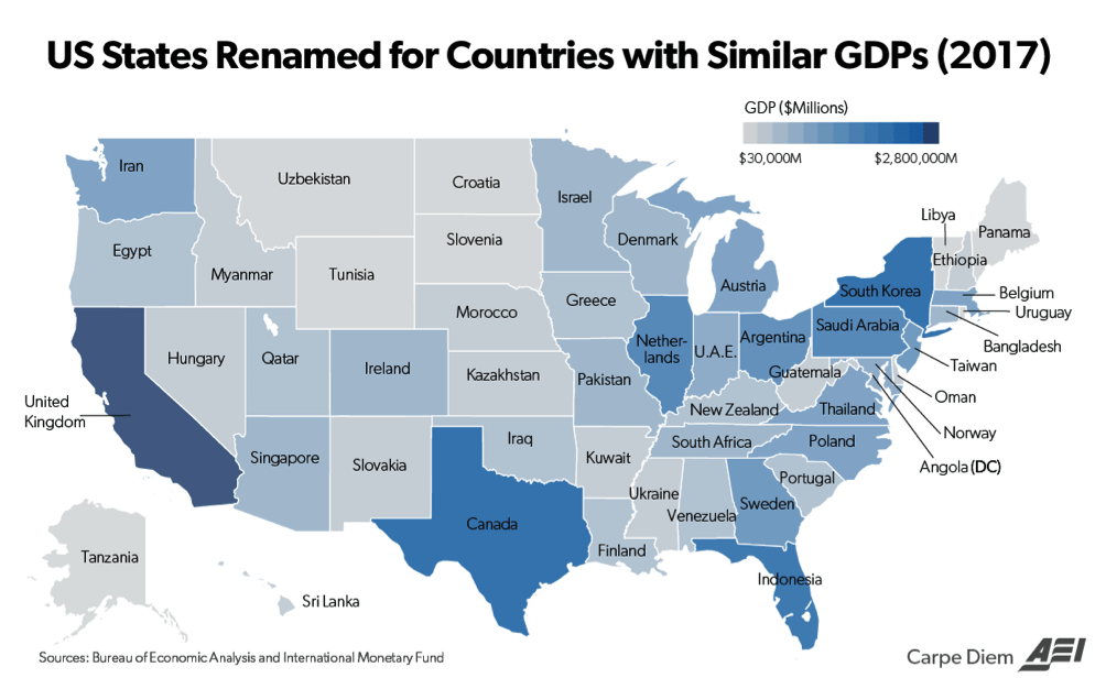 Gli stati USA ribattezzati con i nomi di nazioni con PIL simile (Fonte: https://www.aei.org)