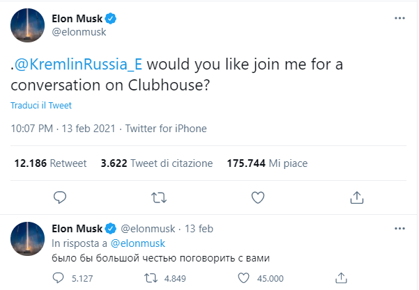 financialounge -  ClubHouse Elon Musk Presidente Russia Tesla twitter Vladimir Putin